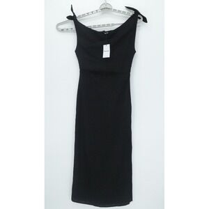 Showpo Dress Women 4 Black Linen Blend Midi Off Shoulder Split Minimalist Casual